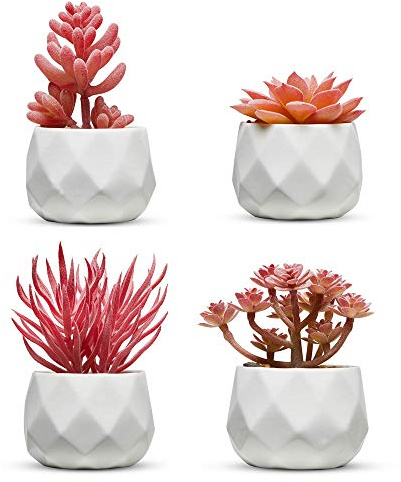 Nordik Miniature Artificial Succulent Set of Four Geometric Round White Pots - Office Decor for Women Desk, Indoor, Living Room, Home and Desk Decor – Pink Faux Succulents