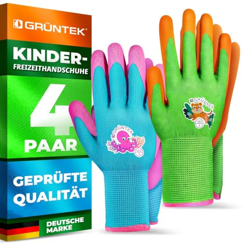 GRÜNTEK Guantes de Jardinería para Niños y Niñas - Talla 3 (XXXXS / 4XS) - Juego de 4 pares - Testado y Certificado según EN 420 & EN 388 - Revestimiento de espuma de Látex