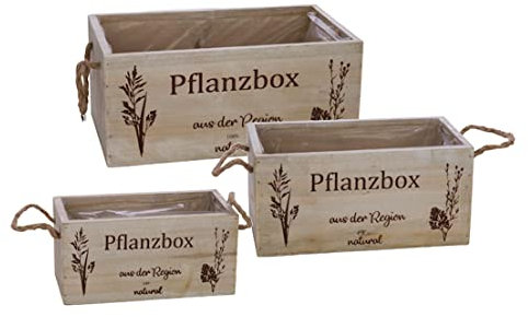 Jardinera de madera con lámina en juego de 3 unidades, 29/24/20 cm, jardinera con asa de cordón natural, decoración de hierbas, flores y plantas, caja rectangular, 3 tamaños diferentes