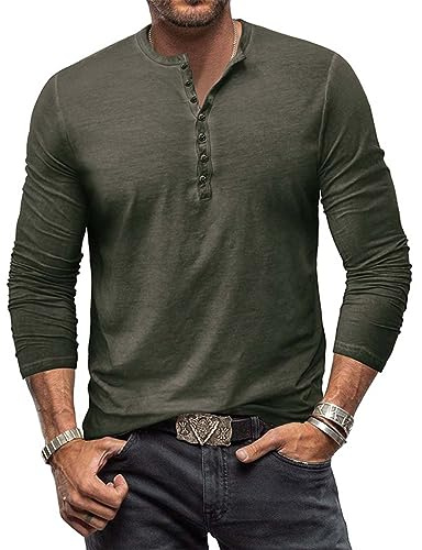 RQPYQF Maglietta da Uomo Manica Lunghe Casuale Henley Shirt Uomo t Shirt Vintage Uomo CS07 Taglia S-XXL (Verde Militare, XXL)