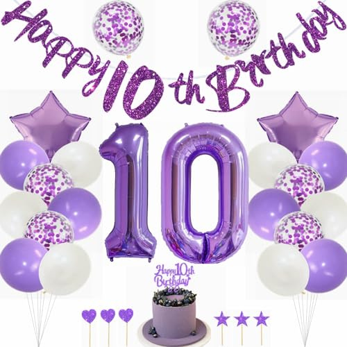 Kiwochy Decorazione di compleanno viola per bambine 10 anni – palloncini, decorazioni per torte, palloncini in pellicola con numero 10 decorazioni per feste