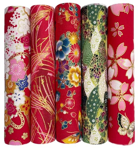 Jukway 5 pezzi 80 x 20 cm in tessuto di cotone a quarti lunghi, stile orientale, pacchetti di tessuto di puro cotone, motivi stampati bronzei, strisce di tessuto patchwork per cucito, quilting, fai da