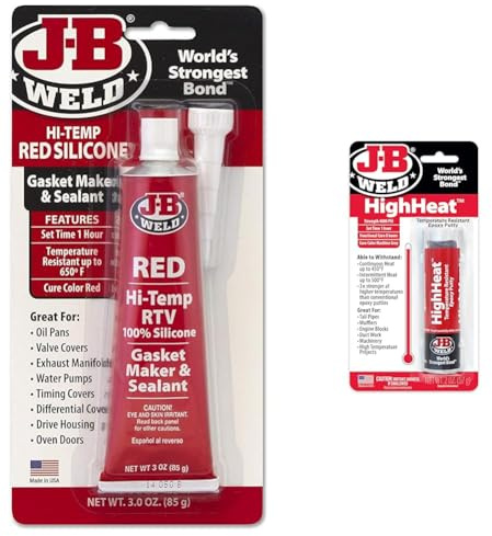 J-B Weld 31314 High Temperature RTV Silicone Gasket Maker and Sealant - Red - 3 oz. & 8297 HighHeat Temperature Resistant Epoxy Putty Stick, Machine Gray, 2oz
