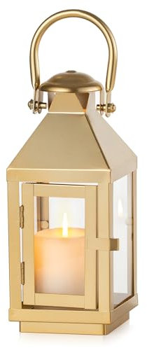 NUPTIO Lanterne D'oro Decorative Interni: Lanterna Da Giardino In Metallo Alta 22cm Con Vetro Candela A Colonna - Decorazione Caminetto Per Natale Casa Soggiorno Veranda Tavolo Da Matrimonio