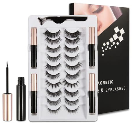 FEITA Magnetic Eyelashes & Eyeliner Kit, Reusable Magnetic Lashes with 1 Applicator Tweezer & 4 Eyeliner, 3D Cat Eye Natural Look False Eyelashes Pack, No Glue (15 Packs)