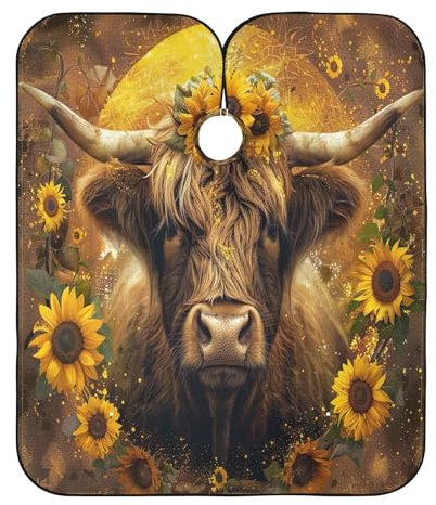 Mantello da barbiere con gufi floreali e grembiule per capelli, mantello lungo, mantello protettivo per colorare i capelli, Girasole Highland Mucca, Taglia unica