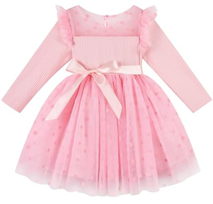 Miipat Abitini Bambina Abiti Bambine e Ragazze Maniche Lunghe Gonna a Punti di Polka Vestiti Principessa Festa Compleanno Abito in Tulle Matrimonio Vestito per Bambina(Rosa 100 3-4 Anni