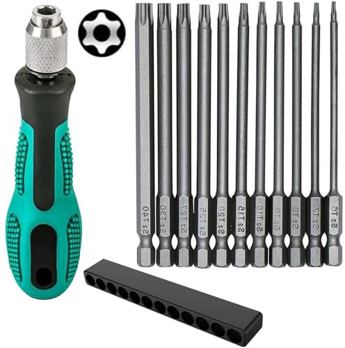Ksvaye 12 Pièces T6-T40 Tournevis Torx, 100mm 1/4 Magnétique Tige Hexagonale Embout Visseuse Long, Outils de Jeu d'Embouts Torx Électriques à Longs en Acier S2, avec T30 et poignée