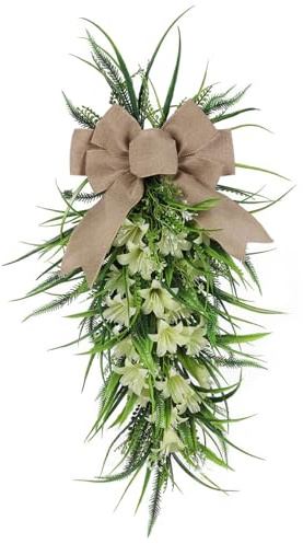 Lily tårdroppe swag, 60 cm/23,6 tum konstgjord lilja swag krans med rosett, vår påsk tårdroppskransar, sommarkrans för ytterdörren fönster väggdekoration