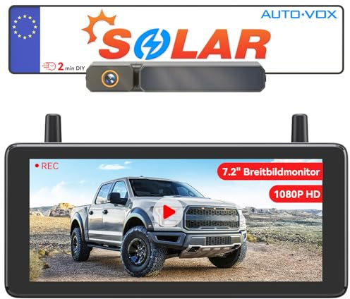 AUTO-VOX 7.2 Solar Wireless Reversing Camera with DVR Loop Recording: HD 1080P, Quick 2-Min Install, Split Screen Reverse Camera Kits for Car, Van, SUV, Truck & Motorhome