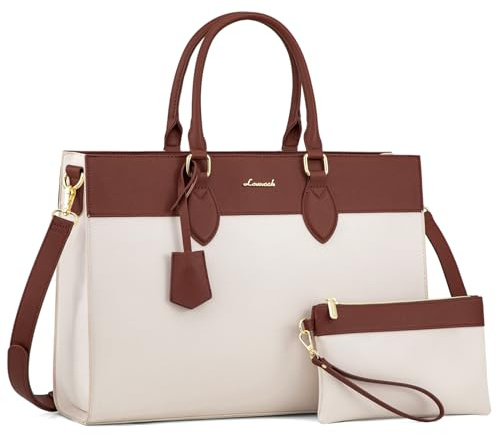 LOVEVOOK Laptopväska, damer, handväska damer, arbetsväska, lärarväska, stor, vattentät shoppingväska, axelväska, portfölj, axelväska, väska för företag, skola (Beige + Brun, M)