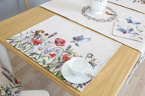 Bordstabletter tvättbara set om 4, 35 x 45 cm, bordsunderlägg tyg 100 % jacquard gobeläng, underlägg tallrik hög kvalitet återanvändbara för bröllop, födelsedag, kök, café – fåglar