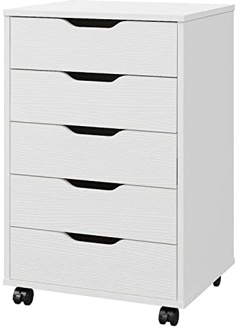 Panana 5/7 Drawers Chest, Mobile File Cabinet with Wheels Storage Organiser Chest Home Office Dresser Cabinet Side Filing Cupboard (White, 5 Drawers)