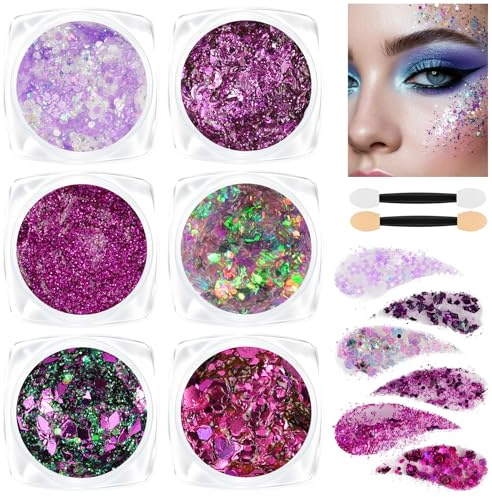 AOOWU Body and Face Glitter Makeup Gel, 6 Colors Cosmetic Reflective Chunky Glitter, Festival Hair Glitters, Body Gel Sequins Shimmer Liquid Eyeshadow, Mermaid Sequins Holographic Glitters Gels