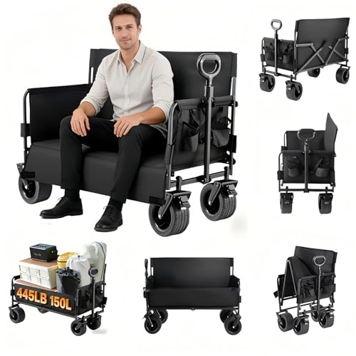 Aveainelle Carro Playa con Ruedas Grandes, Convertido en Asiento, Carro Plegable Playa, Carrito Playa con Asiento para Compras, Jardín, Deportes y Pesca (Negro)