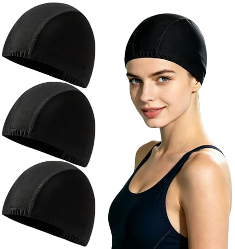 3Pcs Black Fabric Swimming Caps,High Elastic Swimming Hat for Men Women Adult TeenagerNon Slip Comfortable High Elasticity Swimming Caps No Pull Hair Swim Hats for Long and Short Hair