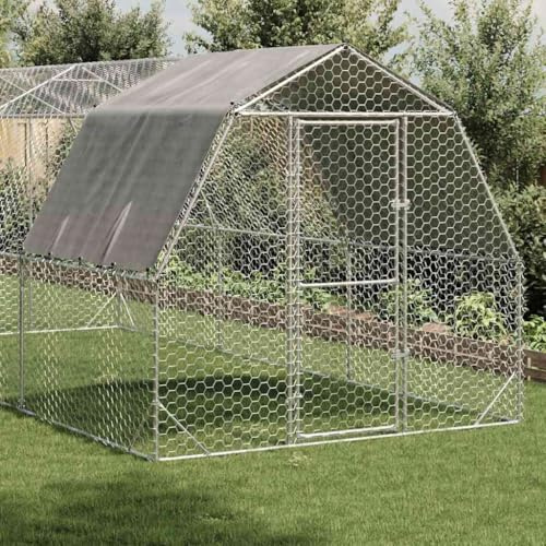 Galvanised Steel Chicken Run with Roof, 2.5x6x2.25 m Walk in Hexagonal Mesh Chicken Coop with Lockable Door for Birds, Rabbits, Ducks
