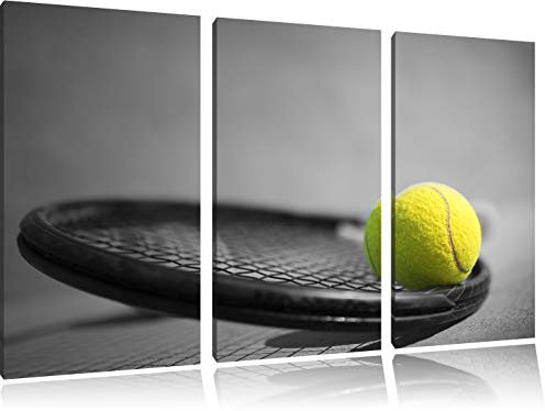 Pixxprint Tennisball Schläger, Leinwandbild 3 Teilig, Gesamtmaß: 120x80cm, Wandbild, Dekoration, fertig gespannt, Kein Poster