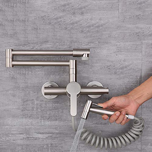 Wasserhahn Küche Wandarmatur Küchenarmatur Wand, Faltbar Wandmontage Mischbatterie für Küche Spültischarmatur, Kalt Und Warmwasser mit Spritzpistole 2-Wege Auslauf, Spüle Kupfer-Edelstahl Gebürstet