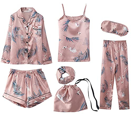 Jamron Mujer 7PCS Saten Conjunto de Pijama Tops & Pantalones Cortos Primavera Verano Ropa de Dormir Grua SN07655 M