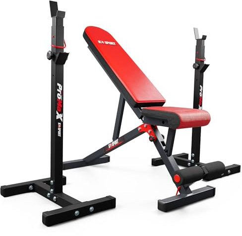 K-Sport Trainingsset: Langhantelablage bis 180kg mit verstellbarer Hantelbank I Squat-Rack für Langhanteltraining I Flachbank mit Beincurler, inkl. E-Book