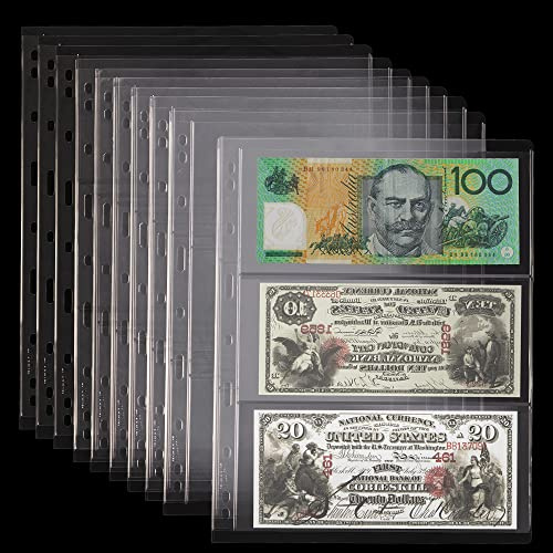 IN0101-12 hojas de papel para dinero y monedas, fundas de PVC sin ácidos para coleccionistas, 36 bolsillos, 9 agujeros para sellos (3 bolsillos/hoja)