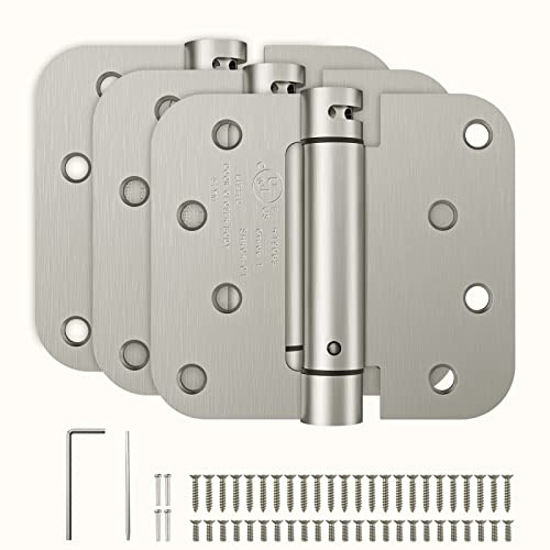 HOSOM Self Closing Door Hinges Brushed Nickel Spring Loaded Hinges 4 Inch Adjustable Tension for Garage, Front Door, Back Door, UL Listed, for Left and Right Hand Door, 5/8'' Radius Corners, 3 Pack