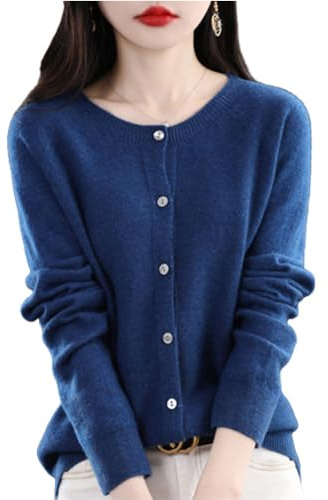 TeysHa Maglione Cardigan in Cashmere da Donna, Maglione Cardigan a Maniche Lunghe Abbottonato Girocollo in Lana (Large,Seaweed Blue)