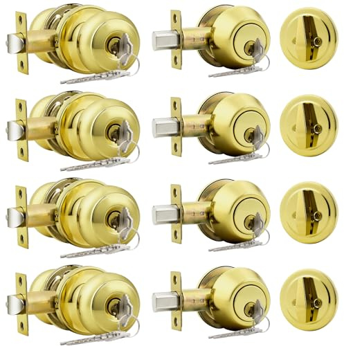 Probrico Door Knob and Single Cylinder Deadbolt Lock Set, Polished Brass Front Door Handle and Deadbolt,Keyed Alike Reversible Deadbolt and Knob Set, Exterior Door Lock Set with Deadbolt,4Pack
