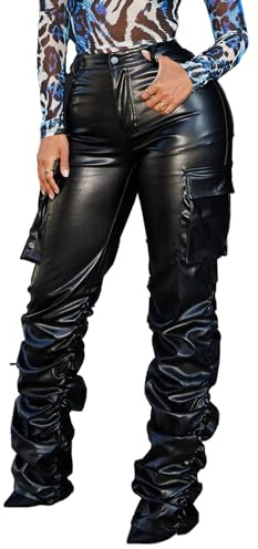 hibshaby Pleated Leather Pants, Stacked High Waist Pants for Women Loose Pocket Straight Wide Leg Pu Leather Trousers Black 2XL