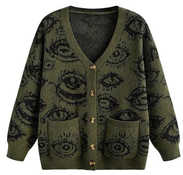 SHENHE Women's Oversized Graphic Button Down V Neck Drop Shoulder Long Sleeve Cardigan Army Green X-Large