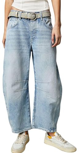 Womens Stretchy Mid Rise Barrel Jeans Vintage Loose Wide Leg Cropped Denim Pants Y2k Baggy Boyfriend Jeans (Large,Light Blue)