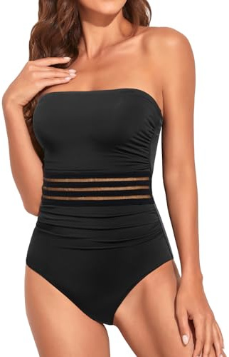 Holipick Women Tummy Control One Piece Swimsuits Strapless Bandeau Bathing Suits Slimming Halter Swimwear, New Black, Large