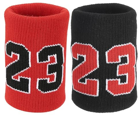 PATIKIL Sportarmband svettband för män och kvinnor, 2 st andningsbara tennisarmband absorberande svettband nummer 23 för basket fotboll baseball löpning gym, röd/svart