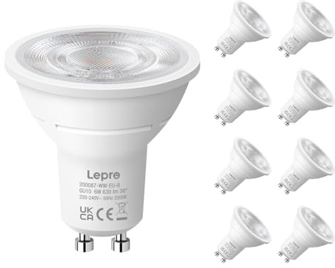 Lepro Bombilla LED GU10, Blanco Cálido 2700K, 6W Equivalente a 80W, Lámpara LED GU10 630 LM, Larga Duración y Bajo Consumo, NO Regulable, Ángulo de Haz de 38°, Paquete de 8