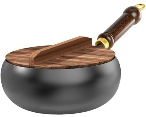 Padella in ferro giapponese con coperchio in legno, padella in ferro fatta a mano, multifunzione non accelerato, manico anti-scene, stoviglie in legno di ferro, diametro 24/28 cm (28 cm + coperchio in