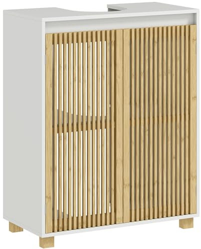 HOMCOM Meuble sous lavabo Salle de Bain Meuble sous Vasque Armoire de Rangement pour lavabo - Placard à Portes à Lattes en Bambou, 60 x 30 x 75 cm, Effet Bois Naturel