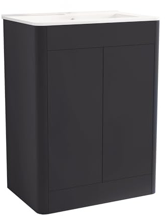 BELOFAY Vanity Unit with Basin | 600mm Floor Standing Bathroom Vanity Unit with Basin | High Gloss Grey | Push to Open Doors & DTC Soft Close Hinges with 1 Tap Hole Ceramic Basin & Waste (Edison Grey)