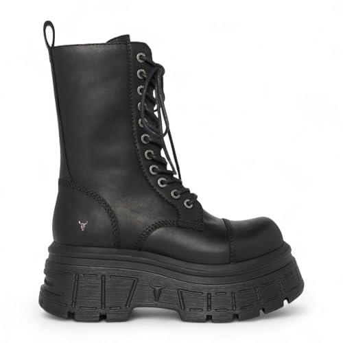 Bottes de Combat Mi-Mollet Noires à Plateforme en Cuir Style Motard Pour Femmes Windsorsmith