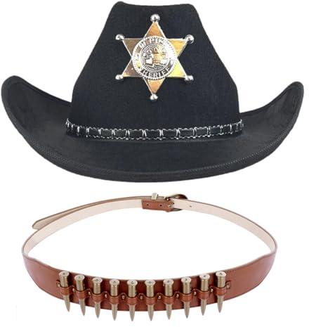 OPVXZAD Cappello da Cowboy Nero, Cappello da Donna in Pelle, Cappello Mardi Gras, Cintura con fondina da Cowboy, Accessorio per festa Western, Cosplay, Festa a tema, Carnevale