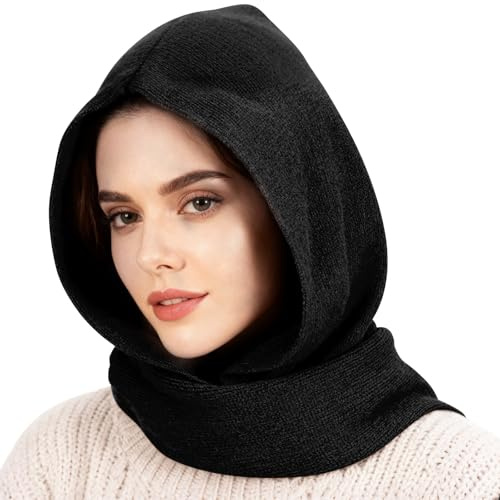 TAGVO Winter Hat Scarves 2 in 1, Windproof Winter Hat with Neck Warmer Soft Hooded Scarf Hat, Unisex Pullover Scarf Beanie, Elastic Warm Head Scarves Wraps Balaclava Hat Black