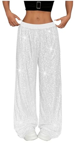 Pantalon Paillette Femme Disco Brillant Jambes Larges Pantalons Taille Basse Rétro Décontracté Pantalon de Soirée Cocktail Clubwear Streetwear Baggy Femmes Soirées Danse Hip Hop Jazz Pants de Noel