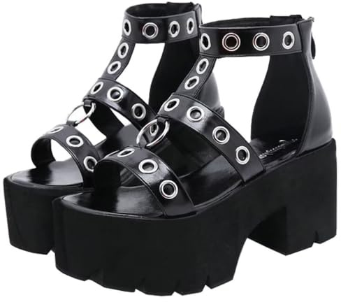 Agodor Women's Goth Platform Sandals Ankle Black Strappy Sandals for Women Chunky High Heels Open Toe Slingback Roman Gladiator Shoes Style1 US 12