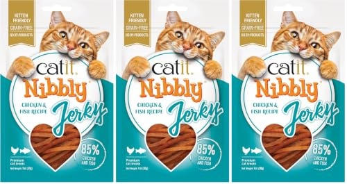 Catit Nibbly Jerky Snack seco Saludable para Gatos, Tiras de Pollo masticables, Pollo y Pescado, 30 g (Paquete de 3)