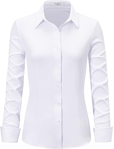 ONKEEP Dress Shirts for Women Long Sleeve Button Down Shirt Stretch Wrinkle Free Solid Casual Work Office Blouse Top White Large