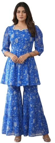 GRECIILOOKS Ensemble kurta d'été Sharara imprimé avec pantalon Sharara ethnique Georgette Kurta pour femme