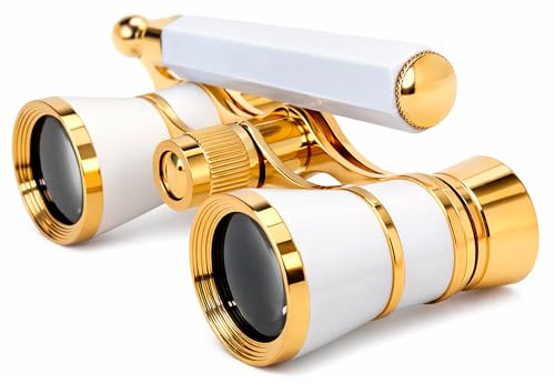 HQRP 3 x 25 Opera Glasses Theater Binoculars w/Built-in Extendable Handle, White-Pearl with Gold Trim, with Crystal Clear Optics (CCO), for Adults Kids Women in Musical Concert Theater Opera