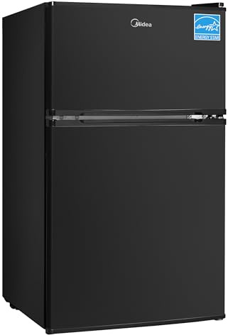 Midea WHD-113FB1 Double Door Mini Fridge with Freezer for Bedroom Office or Dorm with Adjustable Remove Glass Shelves Compact Refrigerator, 3.1 cu ft, Black