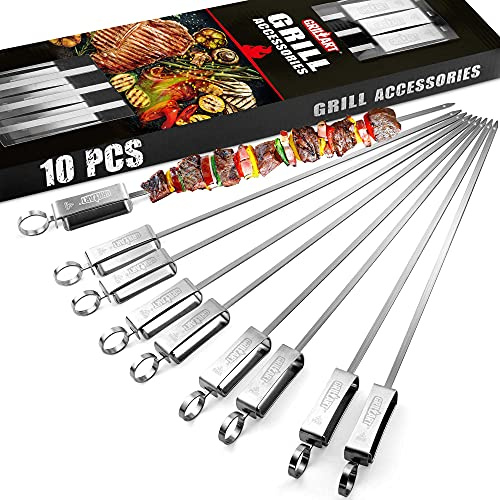 GRILLART Brochetas de Kabob para asar – Pincho de metal para brochetas con deslizador – Pincho plano para barbacoa de acero inoxidable – Brochetas de parrilla Shish Kabob de 17 pulgadas y palos