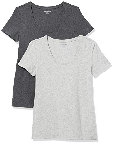 Amazon Essentials Women's Regular-Fit Short-Sleeve Scoop Neck T-Shirt, Summer Casual, Pack of 2, Charcoal Heather/Light Grey Heather, X-Large